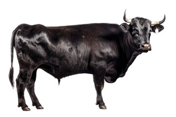 an isolated black cow bull side portrait, farm-themed, rodeo-themed photorealistic illustration on a transparent background cutout in PNG, generative ai