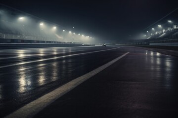 Empty international racetrack at night, as seen from the race car, blurred in motion. A dark and stormy night. High quality generative ai.