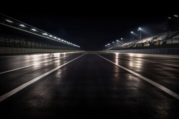 Fototapeta na wymiar Empty international racetrack at night, as seen from the race car, blurred in motion. A dark and stormy night. High quality generative ai.