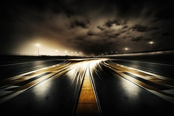 Obraz premium Empty international racetrack at night, as seen from the race car, blurred in motion. A dark and stormy night. High quality generative ai.