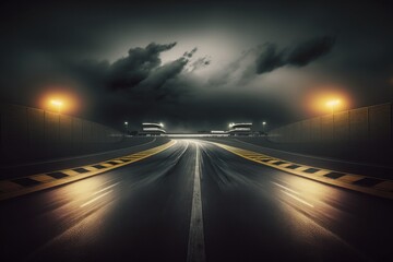Obraz premium Empty international racetrack at night, as seen from the race car, blurred in motion. A dark and stormy night. High quality generative ai.