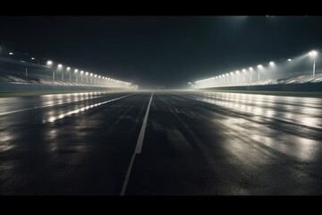 Empty international racetrack at night, as seen from the race car, blurred in motion. A dark and stormy night. High quality generative ai.
