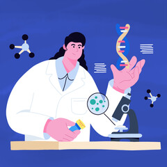 Illustration of Life Science Concept - A female researcher wearing a lab coat is conducting DNA and cell research.
