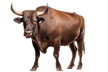 an isolated  Brown Bull cow side view strong and muscular, farm-themed photorealistic illustration on a transparent background cutout in PNG. Generative ai