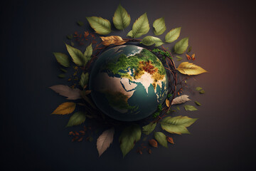 Earth surrounded with nature, leafs, simple background, eco-friendly , green development of earth