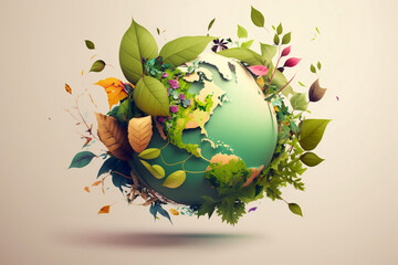 Earth surrounded with nature, leafs, simple background, eco-friendly , green development of earth