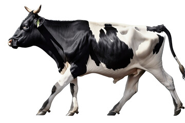 Fototapeta na wymiar an isolated white and black dairy cow side portrait, farm-themed, photorealistic illustration on a transparent background cutout in PNG, generative ai