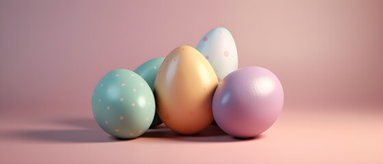 Easter egg Banner, colorful eggs in the Easter festive every April. Pastel color background. Vector illustration. 3D render of Generative AI. 21:9 ratio (2:1) can be header of website.