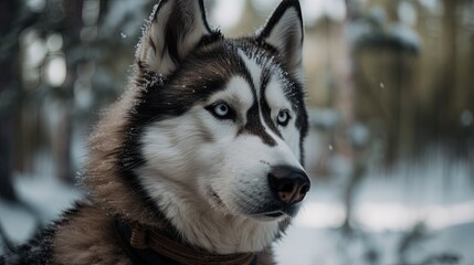 Naklejka premium Portrait of a Siberian Husky dog in the winter forest.Generative Ai