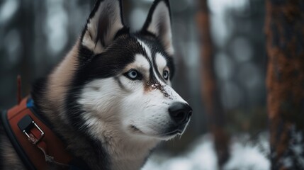 Obraz premium Portrait of a Siberian Husky dog in the winter forest.Generative Ai