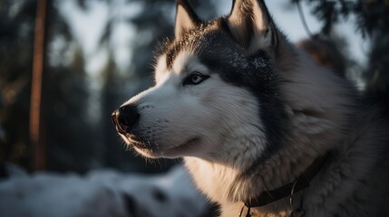 Naklejka premium Portrait of a Siberian Husky dog in the winter forest.Generative Ai