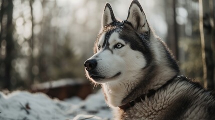 Portrait of a Siberian Husky dog in the winter forest.Generative Ai