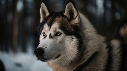 Fototapeta premium Portrait of a Siberian Husky dog in the winter forest.Generative Ai