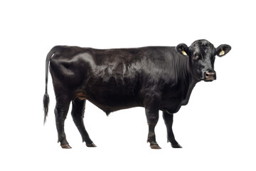 an isolated black cow side portrait, farm-themed photorealistic illustration on a transparent background cutout in PNG, generative ai