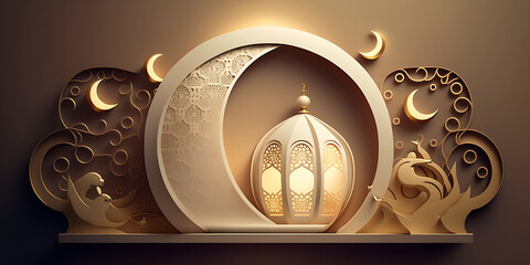 Islamic background with lantern and crescent moon decoration. Generative AI