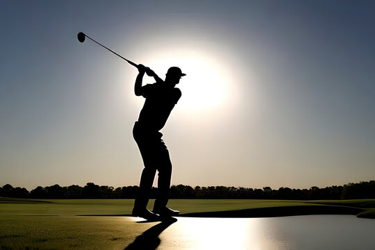 Generative AI image of a man silhouette playing golf. Golf is a sport played with clubs and a small, hard ball on a large outdoor course