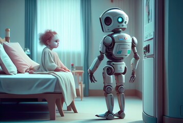 Nursing care robots take care of young patient in hospitals. Medical technology and healthcare concept. Generative AI