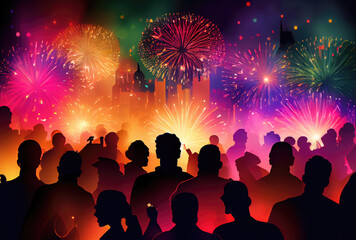 Fototapeta na wymiar Crowd people in Diwali festival celebration with colorful fireworks on the sky background. Generative AI
