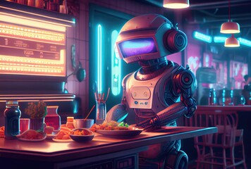 Cute robot eating food in the restaurant background. Technology and food concept. Generative AI