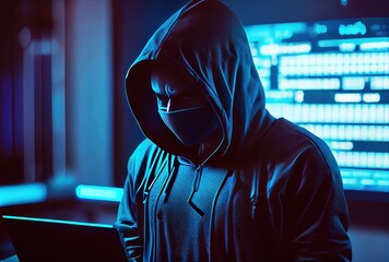 Hacker in the black hood in the server room. Unrecognizable people. Technology and Cybersecurity and Criminal concept. Generative AI