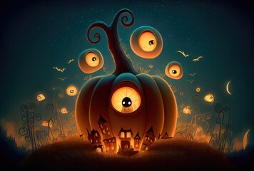 Cute Jack O Lantern pumpkins in the Halloween party at spooky black forest background. Horror and mystery concept. Generative AI