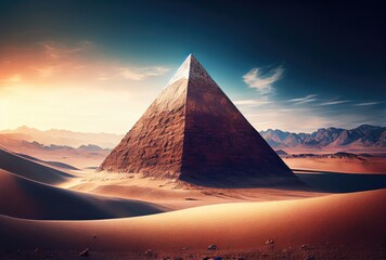 Obraz na płótnie Canvas Pyramid in the sand dune desert and sky background. Travel destination and architecture concept. Digital art illustration. Generative AI