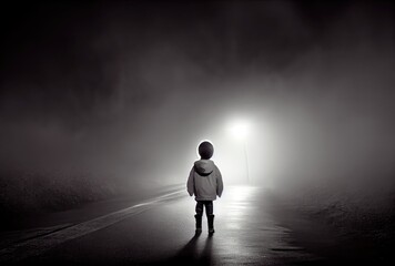 Back view of lost child was standing in the middle of a street lit by the headlights of cars in the dark background. People and lifestyles concept. Digital art illustration. Generative AI