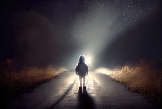 Back view of lost child was standing in the middle of a street lit by the headlights of cars in the dark background. People and lifestyles concept. Digital art illustration. Generative AI