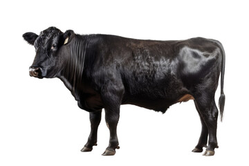an isolated black cow side portrait, farm-themed photorealistic illustration on a transparent background cutout in PNG, generative ai