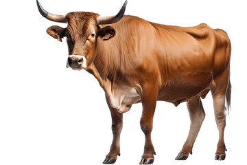 an isolated  Brown Bull cow side view strong and muscular, farm-themed photorealistic illustration on a transparent background cutout in PNG. Generative ai