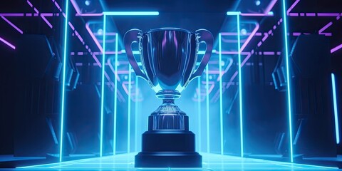 E-Sports winner trophy at studio illuminated by neon lights with blurred background. Generative AI. - obrazy, fototapety, plakaty