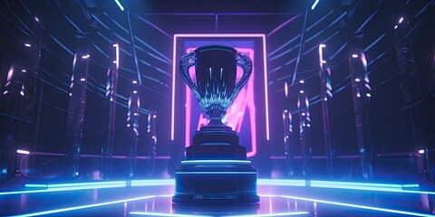 E-Sports winner trophy at studio illuminated by neon lights with blurred background. Generative AI.