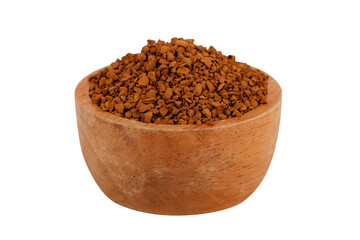 Instant coffee on wooden bowl isolated on white background. Instant coffee is a beverage derived from brewed coffee beans that enables people to quickly prepare hot coffee.