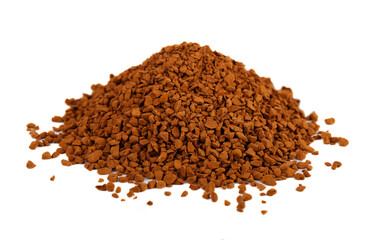 Pile of Instant coffee isolated on white background. Instant coffee is a beverage derived from brewed coffee beans that enables people to quickly prepare hot coffee. Texture background.