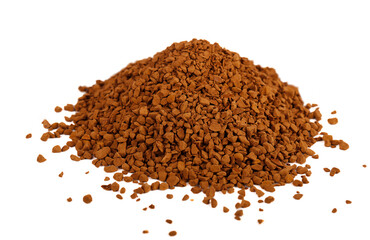 Pile of Instant coffee isolated on white background. Instant coffee is a beverage derived from brewed coffee beans that enables people to quickly prepare hot coffee. Texture background.