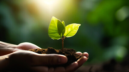 In the hands of trees growing seedlings. Green bokeh background. Female hand-holding tree in nature field grass. Forest conservation concept. Growth, nature-friendly, AI, Generative image