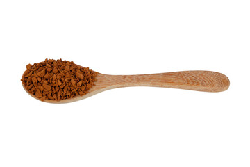 Top view of Instant coffee on wooden spoon isolated on white background. Instant coffee is a beverage derived from brewed coffee beans that enables people to quickly prepare hot coffee.