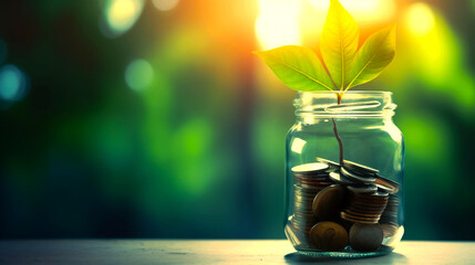 Plant growing in a glass jar full of coins. Concept photo. Finance, Investment, Growth, Success, Wealth, Future, Planning, Strategy, Opportunity, Profit, Harvest, Nourish, Planting, 