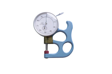 Plastic thickness gauge isolated on white background, A handy type measuring instrument that can measure the plastic  thickness Sheet-shaped items.