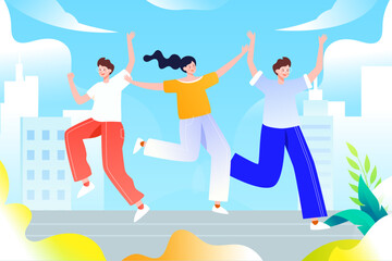 Group of friends partying together with buildings and plants in the background, vector illustration