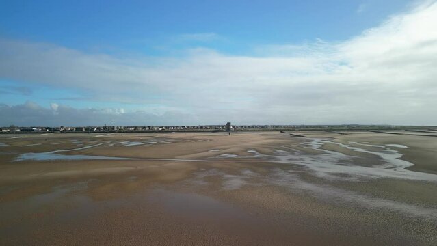 Flying over beach towards National Coastwatch Initiative Rossall Point Fleetwood