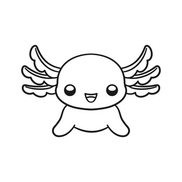 Happy Axolotl Head Cartoon Black And White Outline Vector Illustration. Cute Underwater Aquatic Animal Coloring Book Page Activity Design For Kids.