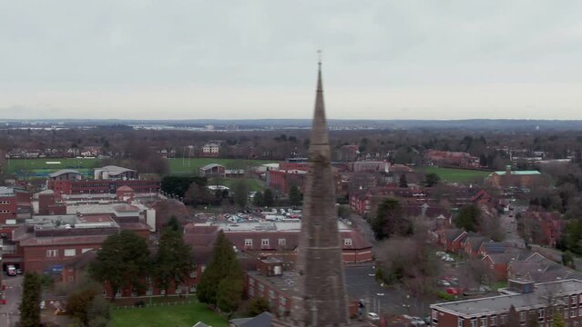Aerial dolly left showing small town Solihull in England. Drone shot.