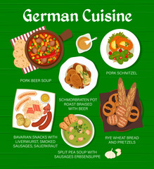 German cuisine menu with food and dish meals for dinner and lunch, vector poster. German restaurant food menu with pork beer soup and schnitzel, Bavarian snacks with liverwurst sausages and sauerkraut