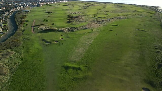 Flying over golf course at Fleetwood Golf Course Lancashire UK