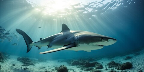 Obraz premium A predator great white shark swimming in the ocean, Generative AI