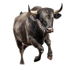 a Bull black cow, running, frontal view with Ranch-themed, photorealistic illustrations in PNG. Generative AI