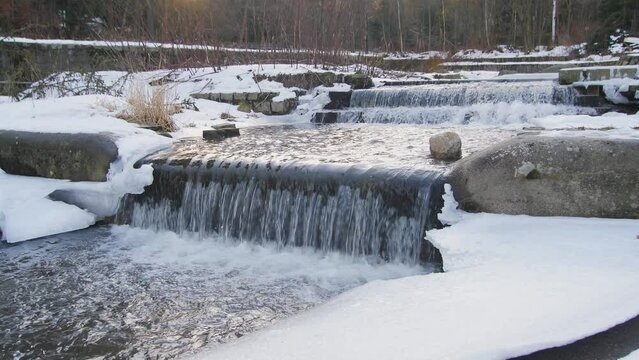 Multiple small waterfalls in winter scenario