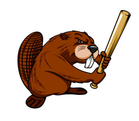 Cartoon beaver baseball player mascot of sport team or club. Vector beaver animal character hitting with wooden bat. Funny personage of baseball sport game batter or hitter player - obrazy, fototapety, plakaty