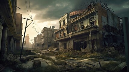 Fototapeta na wymiar digital illustration of a destroyed, abandoned city - AI Generated